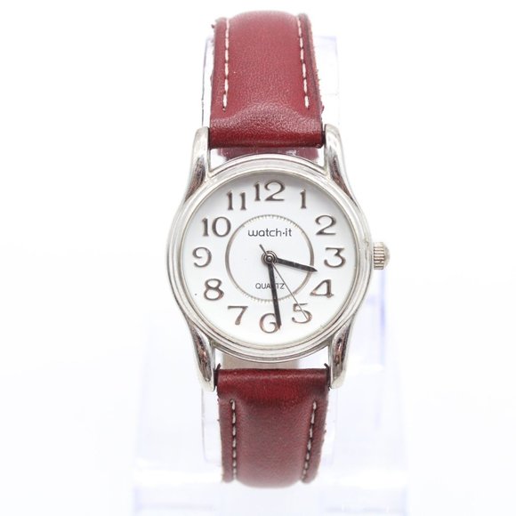 Vintage Watch It Watch Womens Silver Tone Stainless Steel Red Leather Band - Picture 1 of 8